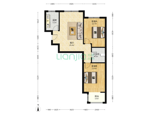 宏远阳光丽景南向两居，毛坯随意装修，业主急售-户型图