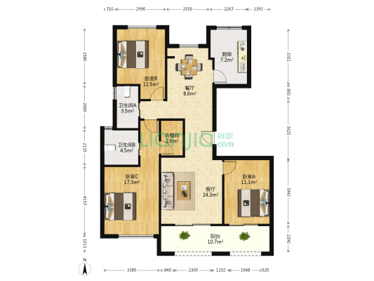 万科新都会1958 3室2厅2卫 125平方