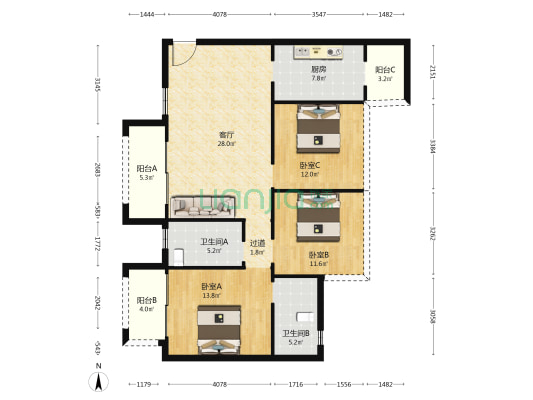 天府桃源 3室1厅2卫 116平方