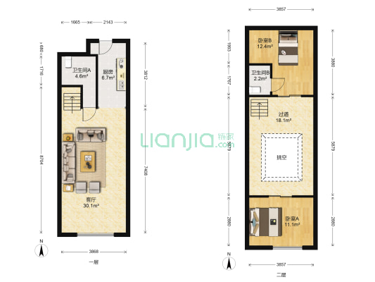 公园8090 精装修两居室 买一层带一层-户型图