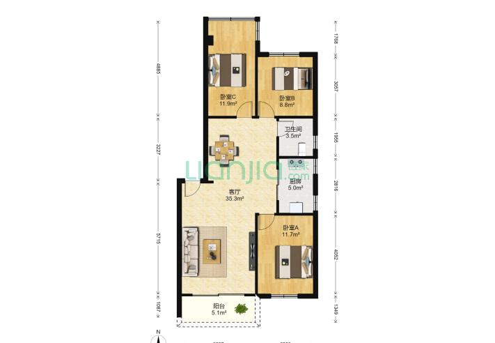 深圳金沙花园3室1厅1卫94 35 户型图 金沙花园户型图详情 深圳链家