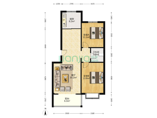 成熟社区， 南北二居，5楼层，大阳台，采光fei常好.-户型图