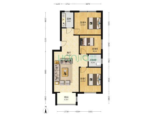 温馨佳苑 3室1厅1卫 93平方