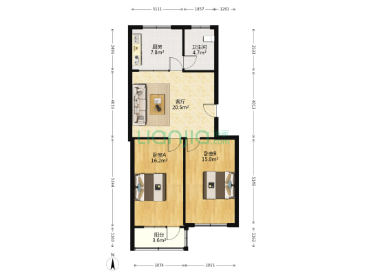 省电力研究所宿舍 2室1厅1卫 89平方