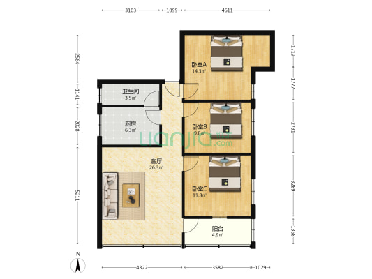 梁围二街 3室1厅1卫 82平方