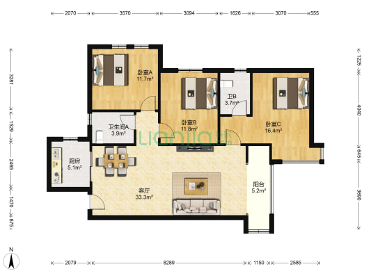 奥北公元西区 3室1厅2卫 118平方