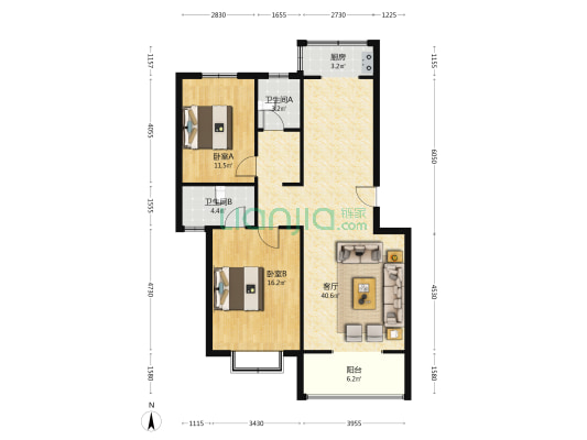 同善园小区 2室2厅 南 北-户型图