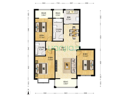 宏亚花园二期 3室1厅2卫 134平方
