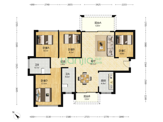 富川瑞家园 4室1厅2卫 106平方