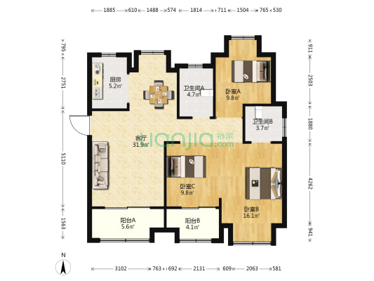 东津世纪城20区兰亭苑 3室1厅2卫 118平方