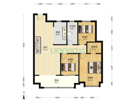 万达·西岸CLASS 3室1厅1卫 120平方