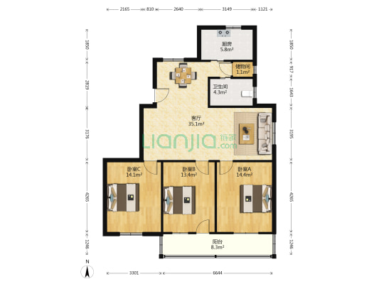 康虹组团 3室1厅1卫 113平方