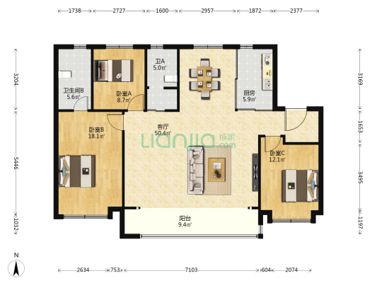 万科翡翠书院D区 3室1厅2卫 149平方