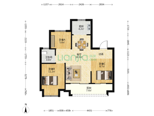 长投·长河九里 3室1厅1卫 80平方