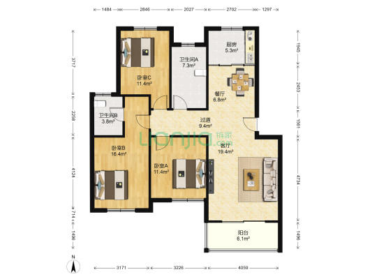 金太洋花园 3室2厅2卫 117平方