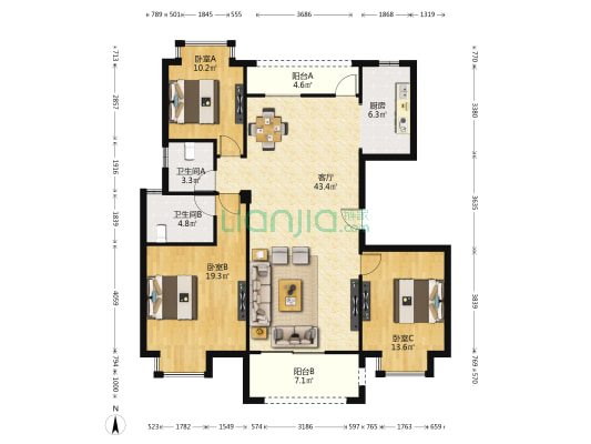 首地蓝天熙郡 3室1厅2卫 133平方