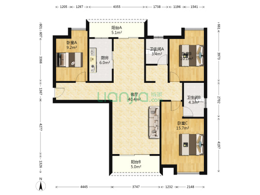 金地天悦二期 3室1厅2卫 128平方