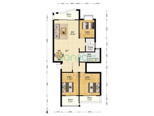 滨江丽景美丽园 3室1厅1卫 109平方