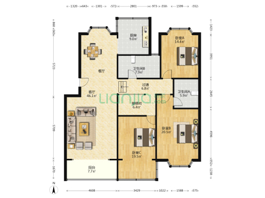 福莱佳园 3室1厅2卫 163平方