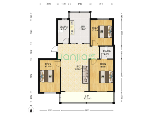 西湖花园小区 3室1厅2卫 119平方