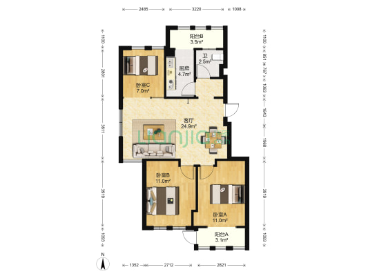 格兰春天三期 3室1厅1卫 88平方