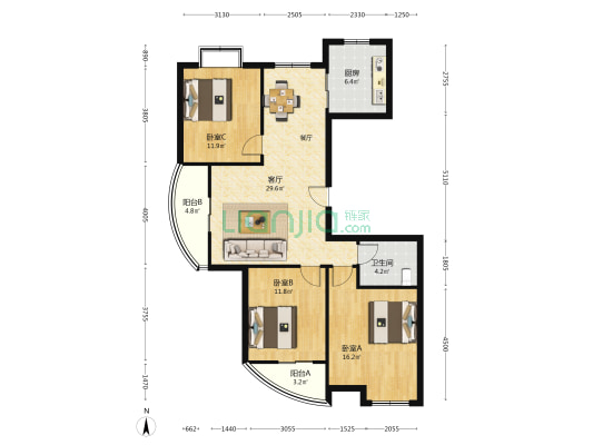 中浙国贸花园 3室1厅1卫 119平方