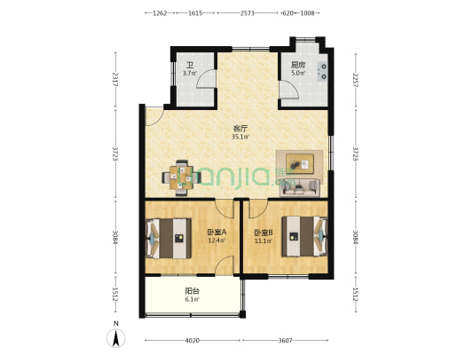 园中园 2室1厅1卫 91平方