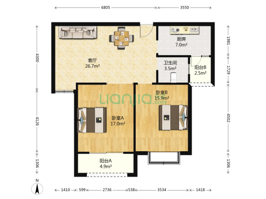 北宸新苑 2室1厅1卫 90平方