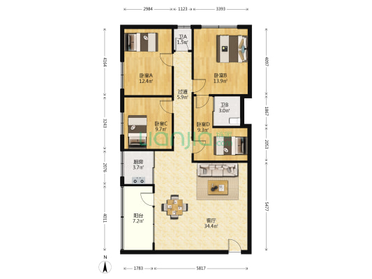 华榕楼 4室1厅2卫 117平方