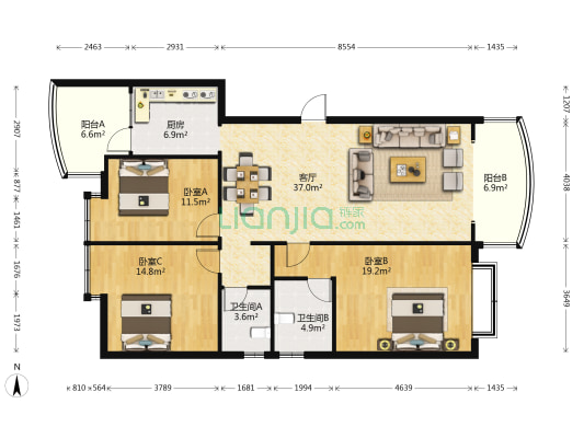 龙溪花园 3室1厅2卫 125平方