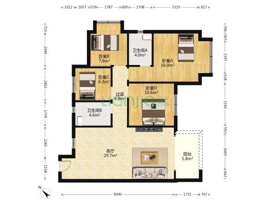 首创天府滨江 4室1厅2卫 113平方