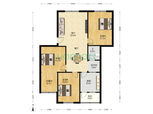 自由路东段175号 3室1厅2卫 124平方