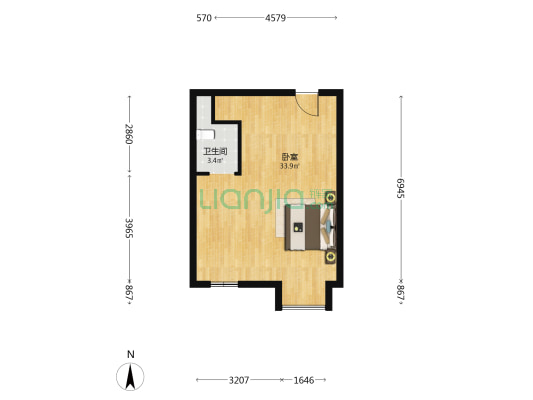 恒大御澜国际 1室0厅1卫 57平方