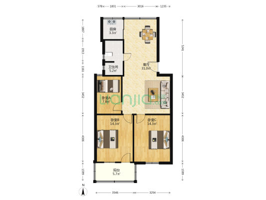 大庆中路80号 3室1厅1卫 87平方