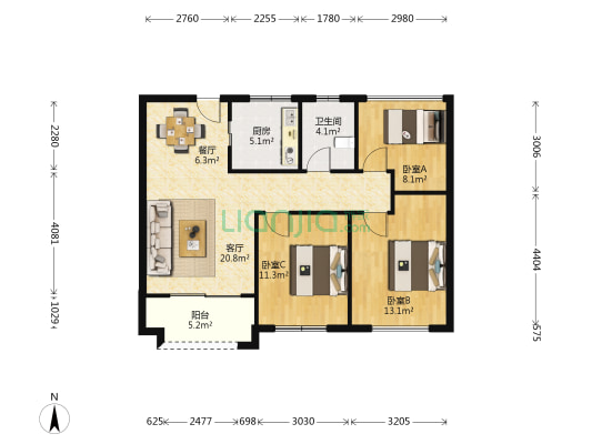 云樾东方 3室2厅1卫 95平方
