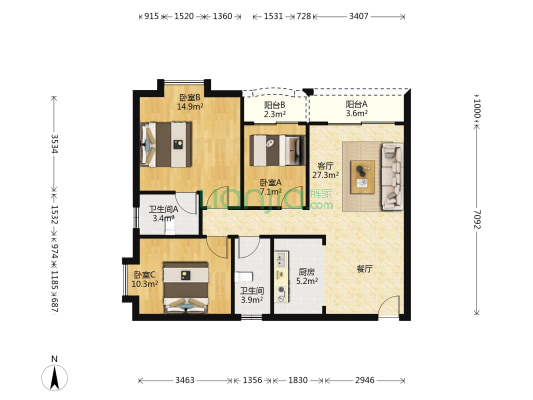 菊香苑 3室1厅2卫 106平方