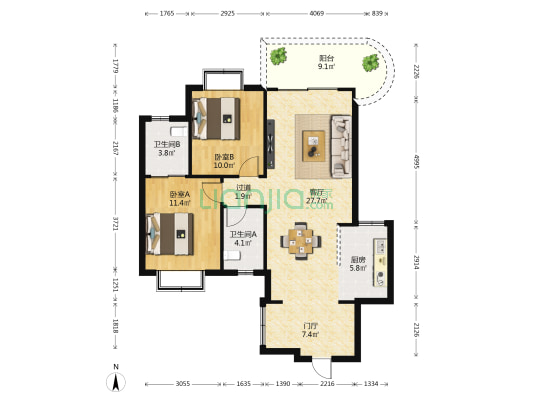 惠富达公寓 2室1厅2卫 93平方
