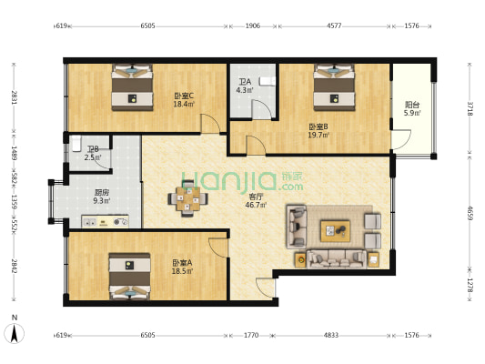 青青家园二小区 3室1厅2卫 141平方
