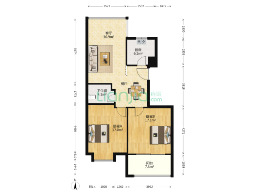 君临香格里D区 2室1厅1卫 98平方