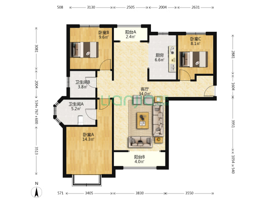 南北通透三居，采光好，无遮挡，花园式社区。。。-户型图