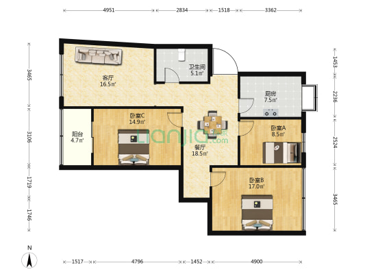 水南安居小区 3室2厅1卫 107平方