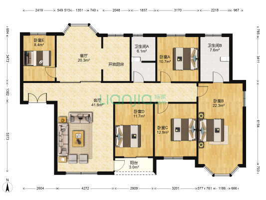 新都公寓 5室2厅2卫 175平方