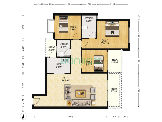 大圆祥爱尚公园北区 3室1厅2卫 101平方