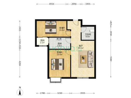 70年大产权，南向两居，中高楼层，视野好-户型图