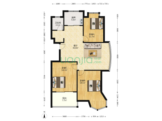 恒盛都市豪庭 3室1厅1卫 119平方
