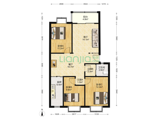 元和新城 3室2厅1卫 105平方