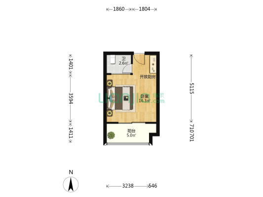 一海华府 1室0厅1卫 32平方