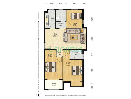甘露花苑北区 3室1厅2卫 127平方