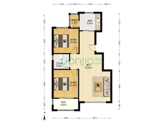 山水华府 2室1厅1卫 90平方