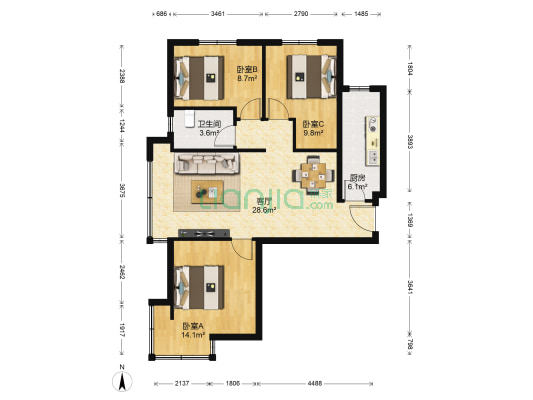 东亚康和名居 3室1厅1卫 89平方